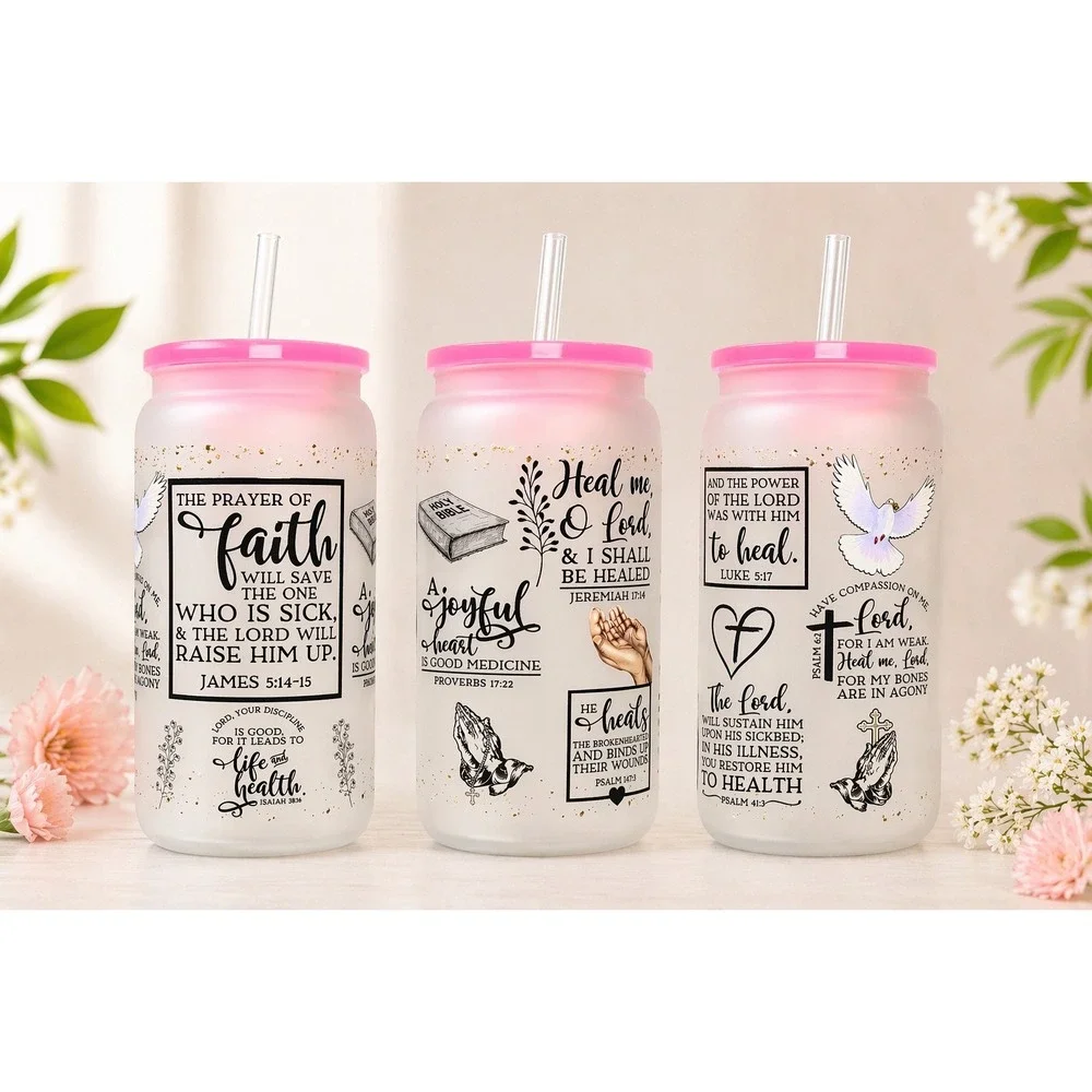 Christian Healing Scripture Glass Tumbler‎ with Straw, Faith Gift Cup